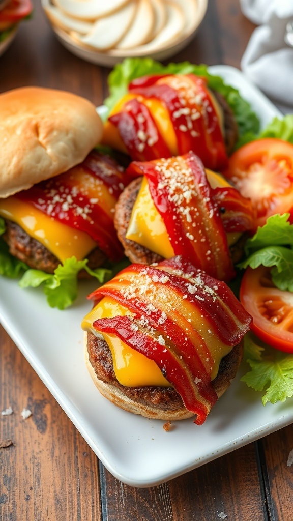Bacon-Wrapped Air Fryer Hamburger Patties Bacon-wrapped hamburger patties on a plate with cheese and fresh toppings.